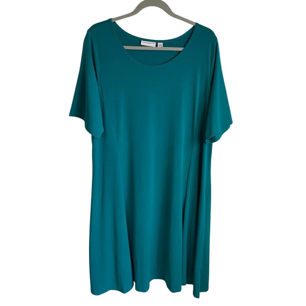 Susan Graver Dress Womens 1X Green Liquid Knit Princess Seam Slit Midi Dress